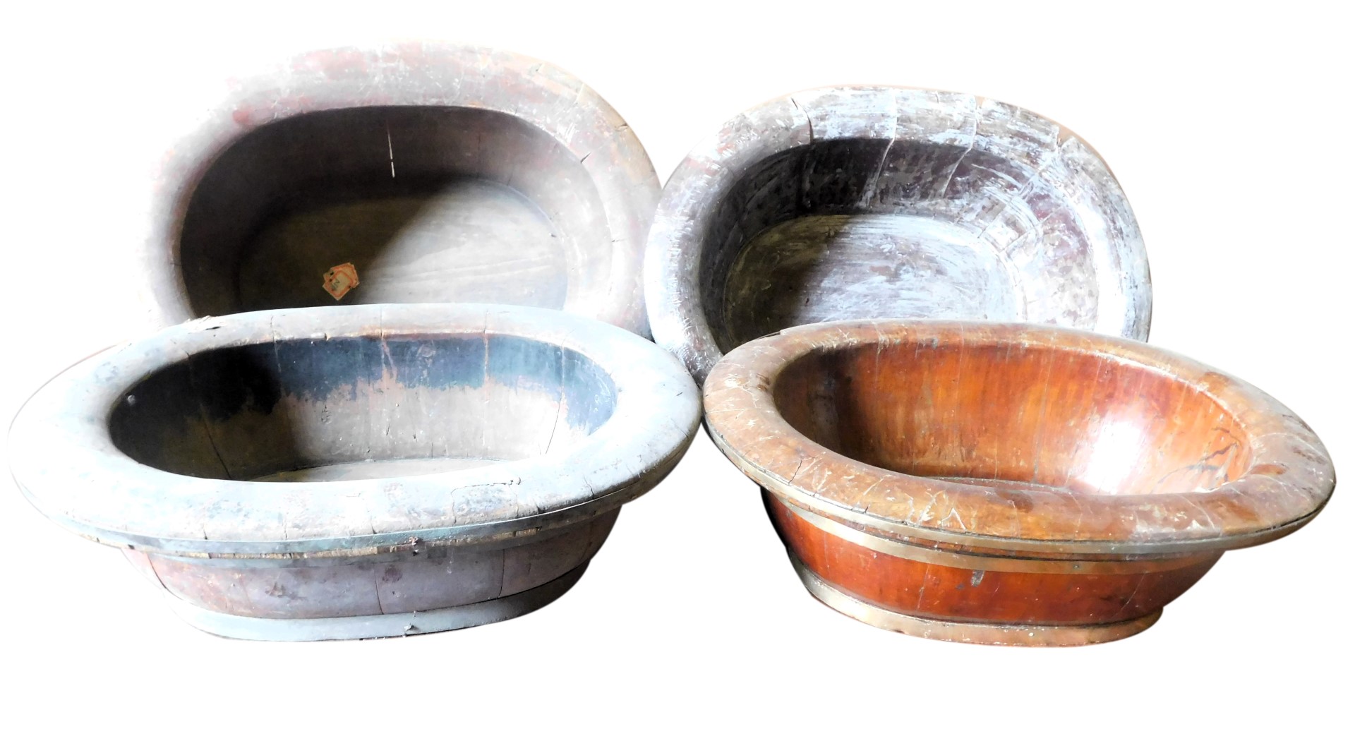 Four various Chinese coopered washbowls, various sizes, approx 56cm wide. (AF)