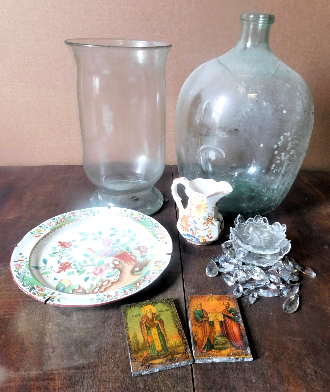 A cut glass basket light fitting, a carbouy or demijohn Wedgwood jug, Copeland charger decorated wit