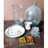 A cut glass basket light fitting, a carbouy or demijohn Wedgwood jug, Copeland charger decorated wit