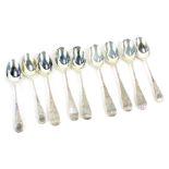 A set of six late Victorian silver teaspoons, with bright cut decoration, London 1897, and a three m