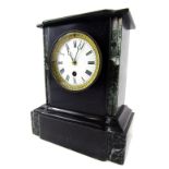 A late 19thC French slate mantel clock, with grey mottled supports, on a black marble finish with a