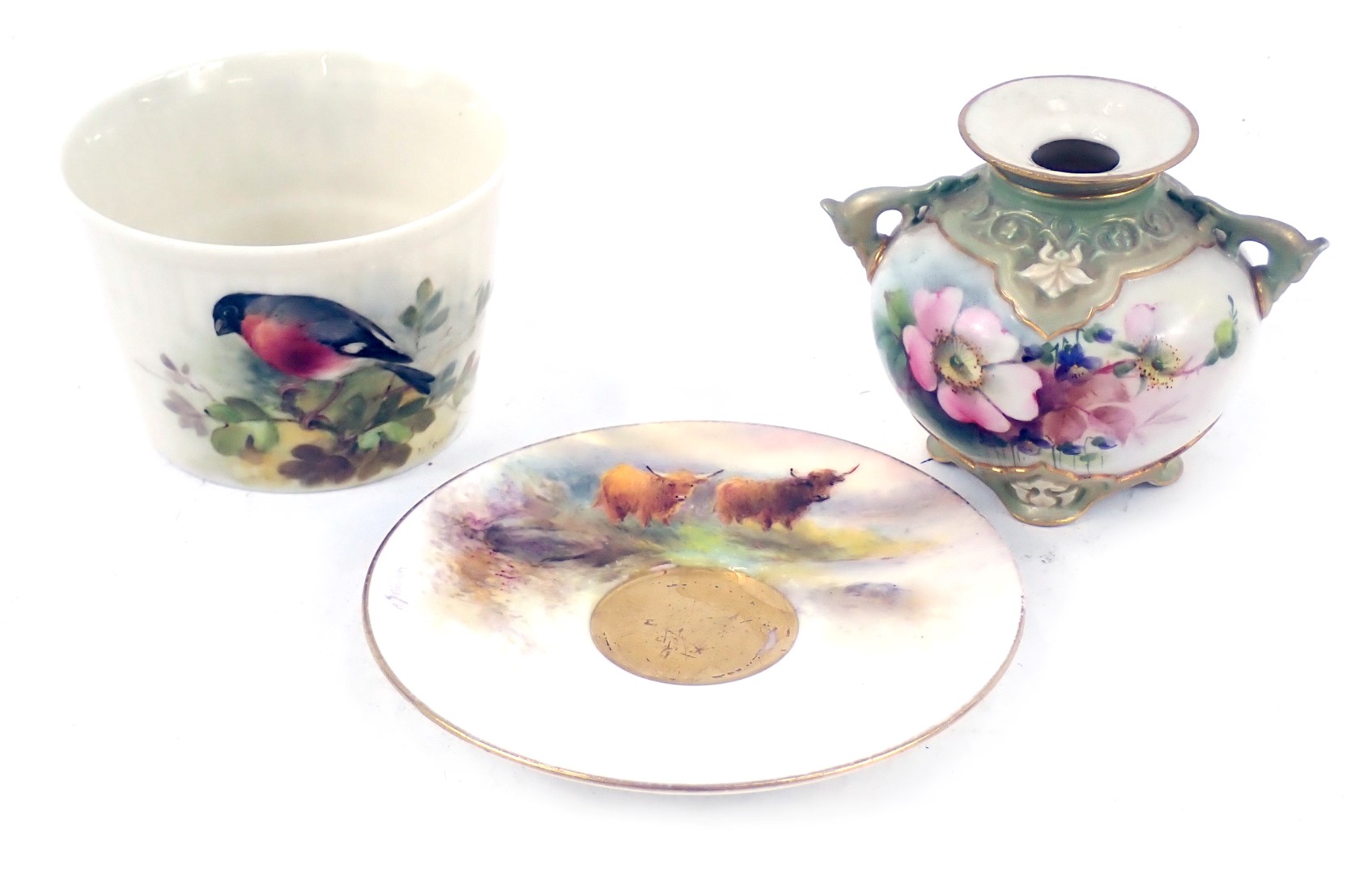 A Royal Worcester porcelain coffee saucer, circa 1927, painted by H Stinton, with Highland cattle, p