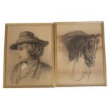 19thC School. Two pencil sketches, of child and horse, unsigned, 38.5cm x 28.5cm, framed and glazed.
