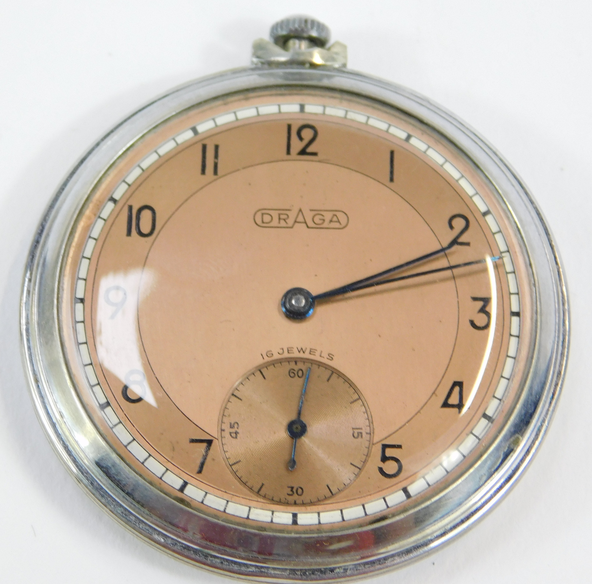 An Art Deco Draga pocket watch, in stainless steel travel case, and a white metal watch chain, with - Image 2 of 4