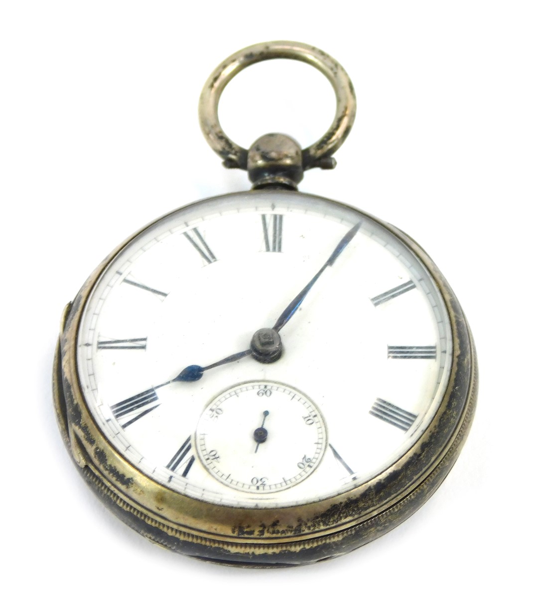 A Victorian silver pocket watch, with white enamel Roman numeric dial, blue hands and seconds dial,