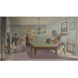 After G Hunt. A print of a coloured engraving entitled Billiards, 24cm x 38cm, framed and glazed.
