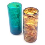 Two Mdina art glass cylindrical vases, one with blue and green swirl decoration, the other with oran