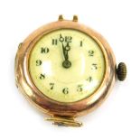 A 9ct gold cased wristwatch head, with white enamel numeric dial with gold outer pointers, 11.7g all