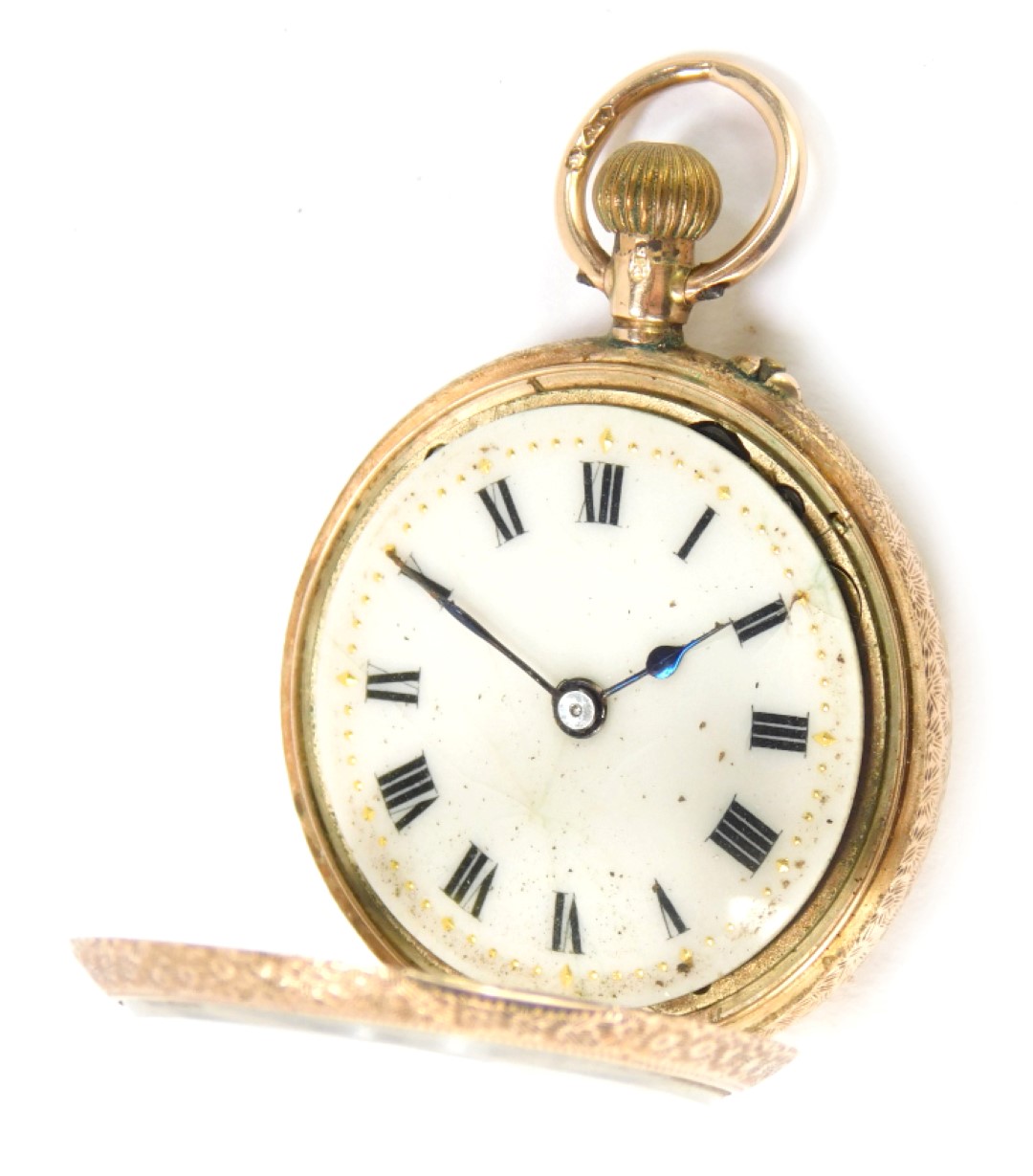 A Continental lady's 12ct gold pocket watch, open faced, keyless wind, with elaborate floral scroll