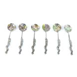 A set of six Oriental enamelled teaspoons, with dragon entwined handles and enameled