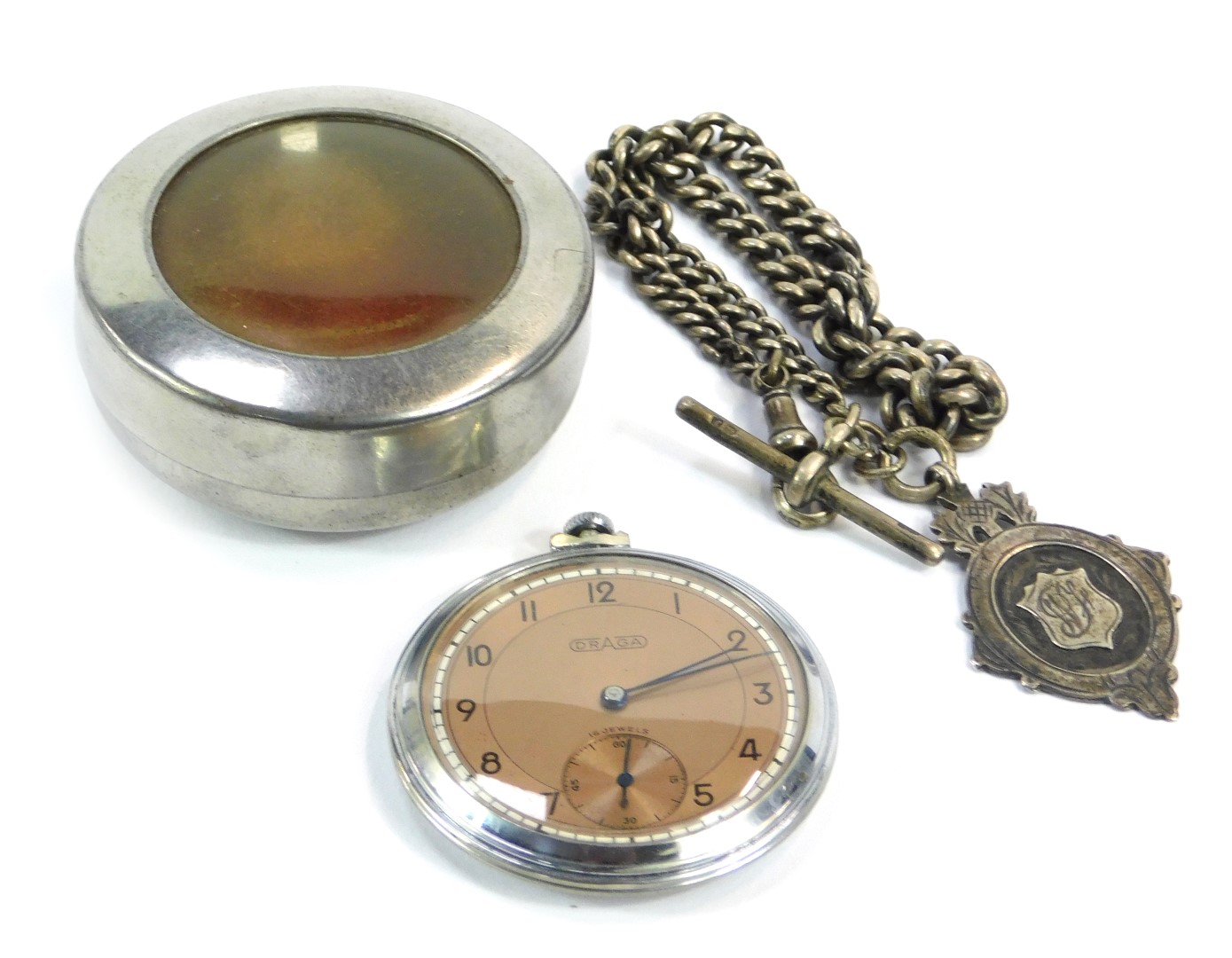 An Art Deco Draga pocket watch, in stainless steel travel case, and a white metal watch chain, with