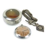 An Art Deco Draga pocket watch, in stainless steel travel case, and a white metal watch chain, with