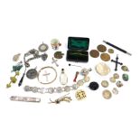 A group of costume jewellery, comprising silver sixpence bracelet, silver pencil case, silver topped