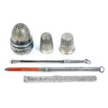 Silver thimbles and bijouterie, comprising two hall marked silver thimbles, three propelling pencils
