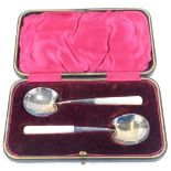 A pair of Edward VII silver and mother of pearl handled child's spoons, Sheffield 1902, 0.97oz, in f