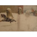 After Cecil Aldin. Terrier in snowball fight, titled With the Compliments of the Season, print, in o