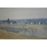 Nicholas Bamham. Field and town scene, watercolour, signed, 49cm x 76cm, framed and glazed.