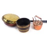 Copper and brass wares, comprising a copper teapot, 25cm high, a copper and brass warming pan with e