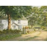 P L Hobbs. Northumberland scene of cottage and figure, watercolour, 15cm x 21cm.