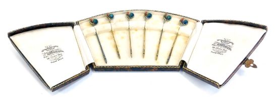 A set of George V silver gilt and enamel cocktail sticks, with enamelled cockerel terminals, Birming