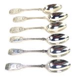 A set of six Victorian silver fiddle pattern teaspoons, with bright cut decoration and initial FH, 3