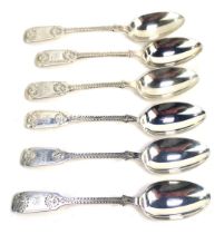 A set of six Victorian silver fiddle pattern teaspoons, with bright cut decoration and initial FH, 3