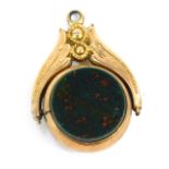 A George V 9ct gold swivel agate fob, the circular panel set with green and red agate, in a rose gol