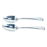 A pair of George III silver fiddle pattern serving spoons, with reeded border and the initial K, Lon