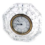 A Waterford crystal mantel clock, of octagonal form, 12.25cm wide.