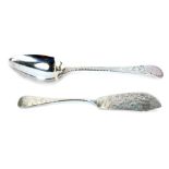 A George III silver tablespoon, with bright cut decoration, engraved HH, 1791, Assay mark indistinct