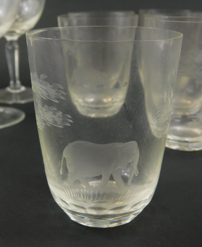 A late 19th/early 20thC suite of glass, with cut decoration of African animals, to include giraffe, - Image 2 of 4