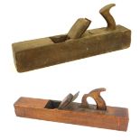 Two wooden block planes, comprising a vintage Jack plane, stamped K Burgess, 52cm long and another.
