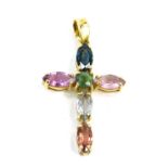 A 9ct gold multi stone set crucifix pendant, set with topaz, citrine, amethyst, and other semi preci