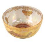 A Crown Devon lustre Fieldings bowl, with gilt border, butterfly yellow decoration, 10cm diameter.