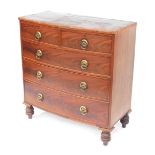 A Victorian mahogany bow front chest of two short over three long graduated drawers, raised on turne