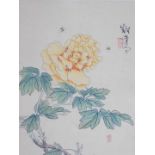 20thC Oriental School. Flowers, material print, signed, with seal mark, 24cm x 21cm.