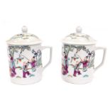 A pair of reproduction Chinese coffee cans and lids, each with an orange four character stamp to und