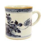 A 19thC blue and white Chinese coffee can, with a patched floral design border and green wood bottom