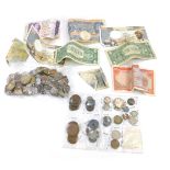 A group of coinage, one pound notes, Jamaican banknotes, pennies, half pennies, loose coinage, etc.