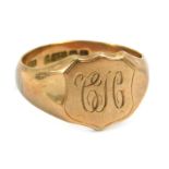 A 9ct gold signet ring, with a shaped crest bearing the initials CH, rose gold, size S 1/2, 6.9g all