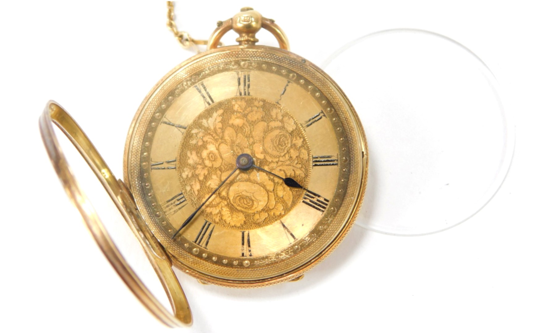 A lady's pocket watch, open faced, keyless wind, the floral design dial with blue enamel Roman numer