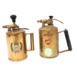 Two vintage fire extinguisher cans, one stamped Donald Edward of Birmingham, green labelled brand wi