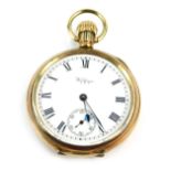 A Waltham USA gold plated pocket watch, the bezel wind, on white enamel Roman numeric dial, with sec