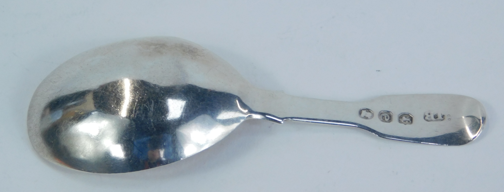 A George IV silver caddy spoon, with plain oval bowl and fiddle pattern handle, bearing a monogram, - Image 3 of 3