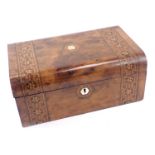 A 19thC walnut writing box, with boxwood inlay and mother of pearl hexagonal panel and key plate, wi