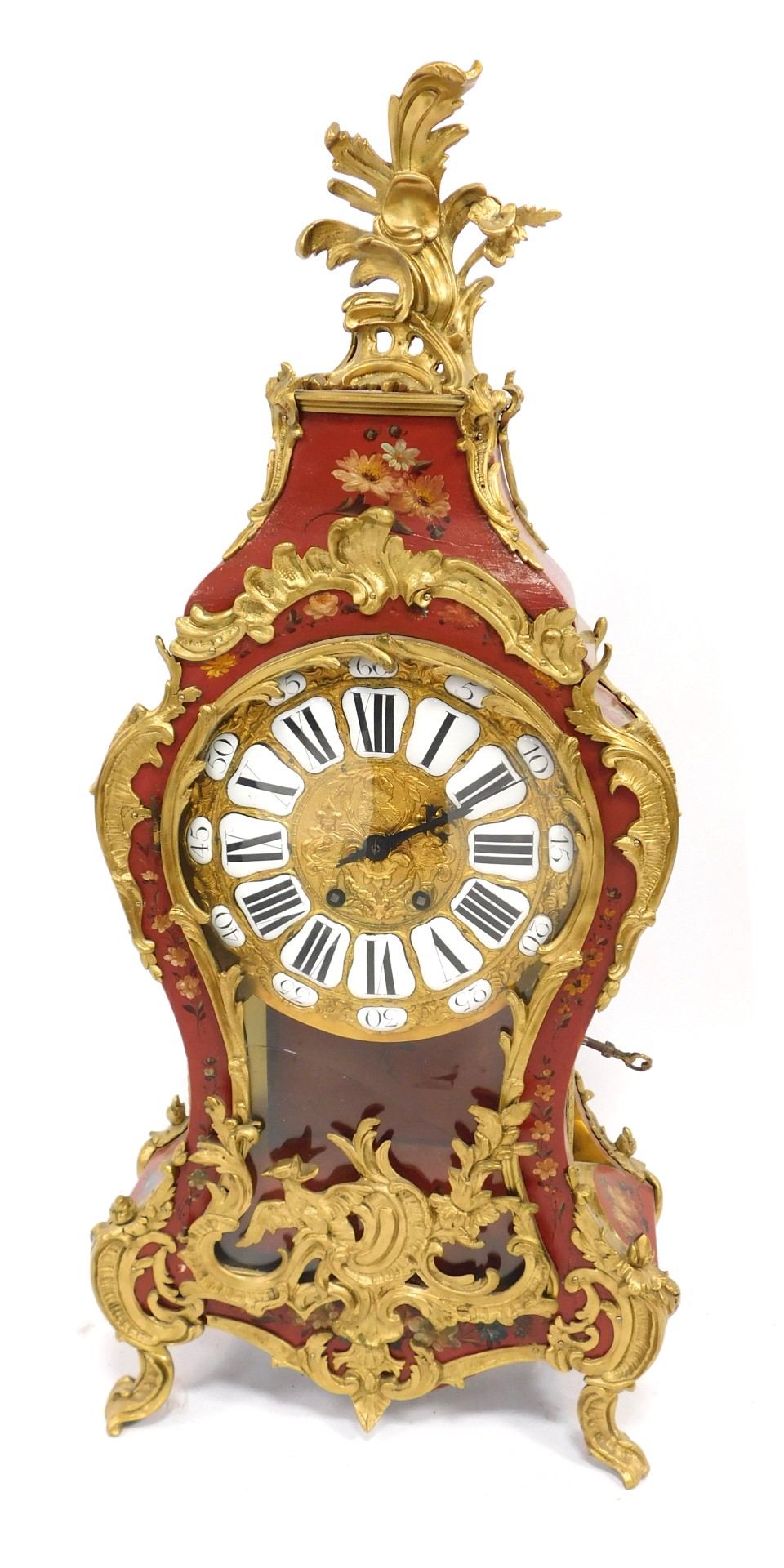 A French Louis XV style mantel clock, with hour glass shape, with gilt applied spandrels on a painte