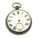 A George V silver pocket watch, with white enamel Roman numeric dial, seconds dial lacking hands, Lo