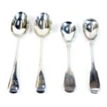 Two Victorian silver custard spoons, London 1894, and two silver fiddle pattern condiment spoons, to