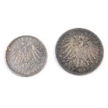 Two German Prussian coins, comprising a Funfmark dated 1903, and a Dreymark dated 1911. (2)