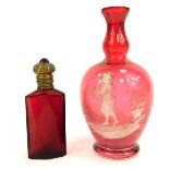 Two items of Victorian and later glass ware, comprising a cranberry glass vase, with white painted M